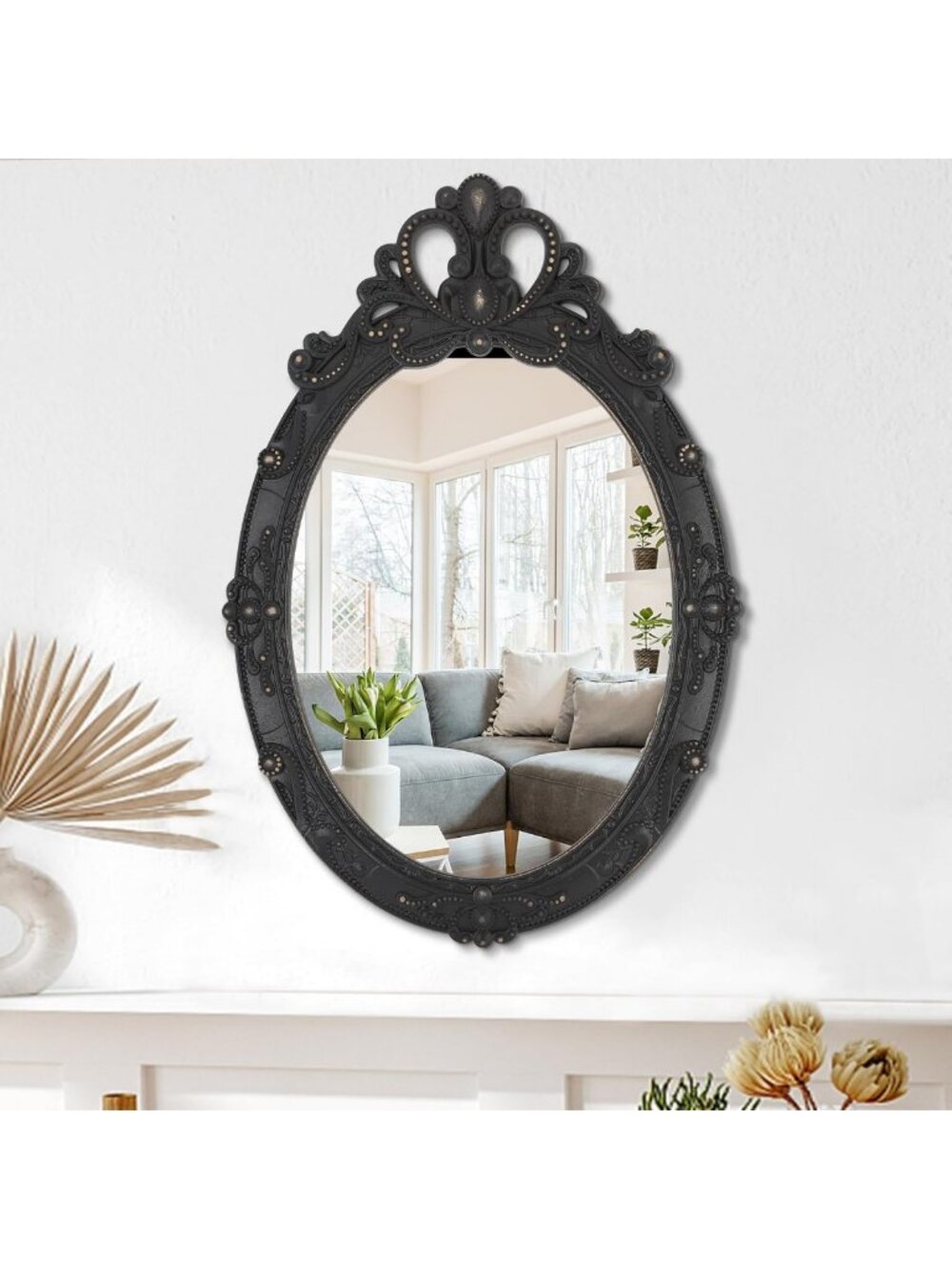 Vintage Black Oval Wall Mirror - 24"x16" Antique Carved Wood Frame, Rustic Decor